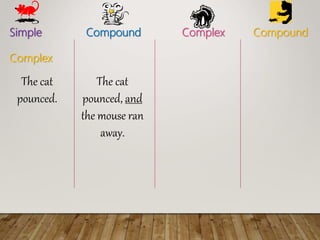 Simple Compound Complex Compound
Complex
The cat
pounced, and
the mouse ran
away.
The cat
pounced.
 