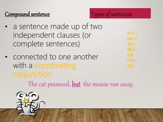 Types of sentencesCompoundsentence
? a sentence made up of two
independent clauses (or
complete sentences)
? connected to one another
with a coordinating
conjunction.
?For
?And
?Nor
?But
?Or
?Yet
?So
The cat pounced, but the mouse ran away.
 