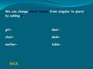 We can change most nouns from singular to plural
by adding s.
girl- door-
chair- desk-
mother- table-
BACK