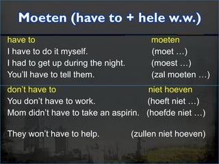 have to moeten
I have to do it myself. (moet …)
I had to get up during the night. (moest …)
You’ll have to tell them. (zal moeten …)
don’t have to niet hoeven
You don’t have to work. (hoeft niet …)
Mom didn’t have to take an aspirin. (hoefde niet …)
They won’t have to help. (zullen niet hoeven)
 