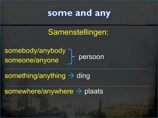 Samenstellingen:
somebody/anybody
someone/anyone
something/anything  ding
somewhere/anywhere  plaats
persoon
 