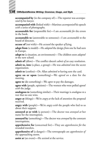 accompanied by (in the company of)—The reporter was accompa-
nied by his lawyer.
accompanied with (linked with)—Martinez accompanied his speech
with a series of photographs.
accountable for (responsible for)—I am accountable for the errors
in the book.
accountable to (answerable to someone)—I am accountable to the
board of directors.
accuse of (not with)—He accused the speaker of lying.
adapt from (a model)—He adapted the design from one he had seen
in Europe.
adapt to (a situation, an environment)—The children soon adapted
to the new school.
admit of (allow)—The conflict doesn’t admit of an easy resolution.
admit to, into (a place, a group)—He was admitted into the secret
organization.
admit to (confess)—Dr. Allan admitted to having sent the card.
agree on or upon (something)—We agreed on a date for the
meeting.
agree to (do something)—We agree to pay the damages.
agree with (people, opinions)—The women who were polled agreed
with the judge.
analogous to (something similar)—Their marriage is analogous to a
war that no one wins.
angry at (things)—We’re angry at the lack of attention the proposal
received.
angry with (people)—We’re angry with the people who lied to us
about their support.
annoyed at or with (a person)—The doctor was annoyed at her
nurse for the interruption.
annoyed by (something)—The doctor was annoyed by the constant
interruptions.
apprehensive for (concerned for)—They are apprehensive for the
stranded travelers.
apprehensive of (a danger)—The townspeople are apprehensive of
the approaching storm.
assist at (an event)—He assisted at the service.
118 CliffsQuickReview Writing: Grammar, Usage, and Style
 