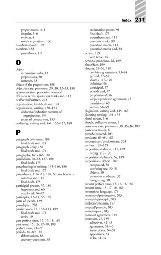 Index 211
proper nouns, 3–4
singular, 5–6
verbs as, 4
wordy expressions, 130
number/amount, 193
numbers, 188
parentheses, 111
O
object
intransitive verbs, 13
prepositions, 50
sentence, 63
object of the preposition, 188
objective case, pronouns, 29, 30, 32–33, 188
of construction, possessive nouns, 6
offensive terms, quotation marks and, 113
oral/verbal/written, 203
organization, final draft and, 174
organization, writing, 150–153
deductive/inductive patterns of
organization, 154
essays of comparison, 153
outlining, writing and, 144, 155–157, 188
P
paragraph coherence, 188
final draft and, 174
paragraph unity, 188
final draft and, 174
paragraphs, 161–166, 188
parallelism, 78–83, 187, 188
final draft, 175
paraphrasing in writing, 145–146, 188
final draft and, 173
parentheses, 110–112, 188. See also brackets
commas and, 110
final draft, 175
participial phrases, 57, 189
fragments and, 69
misplaced, 76–77
participles, 13–14, 56, 189
parts of speech, 189
passed/past, 203
passive voice, 12, 132–133, 189
final draft and, 174
verbs, 10
past perfect tense, 15, 17, 18, 189
past tense, 15, 16, 17–18, 189
perfect tense, 21–22
periods, 87–89, 189
abbreviations, 88
courtesy questions, 88
exclamation points, 91
final draft, 175
parentheses and, 111
question marks, 89
quotation marks, 113
quotation marks and, 88
person, 189
verb tense, 14
personal pronouns, 28, 189
phase/faze, 199
phrases, 55–56, 189
combining sentences, 83–84
gerund, 57–58
idioms, 116–120
infinitive, 58
participial, 57
periods and, 87
prepositional, 56
subject-predicate agreement, 73
transitional, 69
verbals, 56–59
plagiarism, writing and, 145, 189
planning writing, 134–135
plural nouns, 5–6
plurals, collective nouns, 5
possessive case, pronouns, 30, 35–36, 189
possessive nouns, 6
precede/proceed, 203
predicate, 63–64, 189
predominant/predominate, 203
prefixes, 128–129
prepositional idioms, 117, 189
listing, 117–120
prepositional phrases, 56, 189
prepositions, 49–51, 189
compound, 50
confusing use, 50–51
objects, 50
pronouns as objects, 32
recognizing, 50
present perfect tense, 15, 16, 18, 189
present tense, 15, 17–18, 189
pretentious language, 174
preventive/preventative, 203
principal/principle, 203
problem/dilemma, 197
proceed/precede, 203
prone/supine, 203
pronoun agreement, 189
pronouns, 27, 189
adjectives, 42–43
agreement, 38–40
antecedents, 36–38
appositives, 34
to be, 31–32
 
