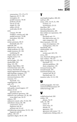 Index 213
construction, 173, 174–175
fragments, 69–71, 190
incomplete, 64
parallel structure, 78–83
predicate, 63–64
run-on, 67–69
simple, 65, 190
subject, 63–64
word order, 84–85
series
commas, 99–100
modifiers, commas and, 100
parallel structure, 79–80
semicolons, 103–104
set/sit, 204
sexism, pronouns, 40–41
final draft and, 174
shall/will, 204
sight/site/cite, 195–196
simple predicate, 63, 190
simple sentences, 65, 190
combining, 83
simple subject, 63, 190
singular nouns, 5–6
sit/set, 204
site/cite/sight, 195–196
slander/libel, 202
slang, 123, 190
slippery slope fallacy, 140
sometime/some time, 205
sources, final draft and, 173
spatial organization of writing, 151
spell-checking, computer, 172
split infinitives, 58–59, 190
stationary/stationery, 205
structure, 173
final draft, 174
stupid/ignorant, 200
style, 173
final draft, 174
style guides, research papers, 147
subject, 63–64
agreement and, 72
subject-predicate agreement, 190
subjective case, pronouns, 29, 30, 190
versus object case, 34–35
subjects, 190
subjunctive mood, verbs, 19–20, 190
subordinate clauses, 60, 190
conjunctions, 52–53
fragments and, 69
pronoun case, 61–62
subordinating conjunctions, 52–53, 190
fragments and, 69
suffixes, 128–129
superlative degree, 46–47, 190
T
tacit/implicit/explicit, 200–201
tack/tact, 205
tenses, verbs, 14–19, 21, 190
if clauses, 22
inconsistency, 22–23
than/then, 205
their/there/they’re, 205
themselves/theirselves, 205
there is/there are expressions, 130
thesis, 190
final draft and, 173
first draft review and, 171
topic comparison, 139
thesis statement, 139–140
essays of comparison, 153
working from, 150–155
thus/thusly, 205
titled/entitled, 198
titles, 113
revision and, 169–170
to/too, 205
tone, final draft editing and, 173
topic outlines, 156–157
topics, writing and, 134–135, 190
final draft, 173
selection guidelines, 138
thesis comparison, 139
tortuous/torturous, 205
toward/towards, 205
transitional phrases, 69
commas and, 96–97
final draft and, 174
transitive verbs, 12–13, 190
U
unified paragraphs, 162–163
uninterested/disinterested, 197
utilize/use/usage, 205
V
verbal/written/oral, 203
verbals, 190
phrases, 56–59
verbs, 10, 190
action, 10
active voice, 10
adverbs, 43
agreement, 190
agreement with nouns, 7–8
complements, linking verbs, 11
 