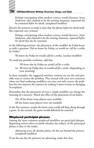 Perhaps anticipating what modern science would discover, Anna
Anderson, who claimed to be the missing Anastasia, requested she
be cremated before her death. (misplaced modifier)
Rewrite the sentence to make it clear that the phrase before her death mod-
ifies requested, not cremated.
Perhaps anticipating what modern science would discover, Anna
Anderson, who claimed to be the missing Anastasia, requested before
her death that she be cremated.
In the following sentence, the placement of the modifier by Friday leaves
us with a question: Did we know by Friday, or would we call for a strike
by Friday?
We knew by Friday we would call for a strike. (unclear modifier)
To avoid any possible confusion, add that.
We knew that by Friday we would call for a strike.
OR We knew by Friday that we would call for a strike. (depending on
your meaning)
In these examples, the suggested rewritten versions are not the only pos-
sible ways to correct the problem. Play around with your own sentences
when you find confusing modifiers; you may not only correct the prob-
lem but also improve the sentence by making it more concise or changing
its emphasis.
Remember that the placement of even a simple modifier can change the
meaning of a sentence. Watch the effect of the placement of not below.
Not all the home-team players were available.
All the home-team players were not available.
In the first sentence, maybe the home team could still limp along through
a game. In the second, the game would definitely be canceled.
Misplaced participial phrases
Among the most common misplaced modifiers are participial phrases.
Beginning writers often overlook whether the subject of the participial
phrase is clear to the reader.
Advancing across the desolate plains, the hot sun burned the pioneers.
(misplaced modifier)
If not the sun but the pioneers are advancing, make this clear.
76 CliffsQuickReview Writing: Grammar, Usage, and Style
 