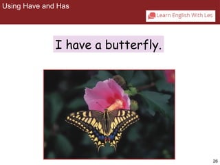 26 
Using Have and Has 
2-4 USING HAVE AND HAS 
I have a butterfly. 
 