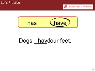 30 
Let’s Practice 
2-4 Let’s Practice 
has have 
Dogs __h_a_v efour feet. 
 
