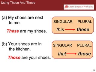 56 
SINGULAR PLURAL 
(a) My shoes are next 
to me. 
These are my shoes. this these 
(b) Your shoes are in 
the kitchen. 
Those are your shoes. 
that those 
2-7 USING THESE AND THOSE 
SINGULAR PLURAL 
Using These And Those 
 