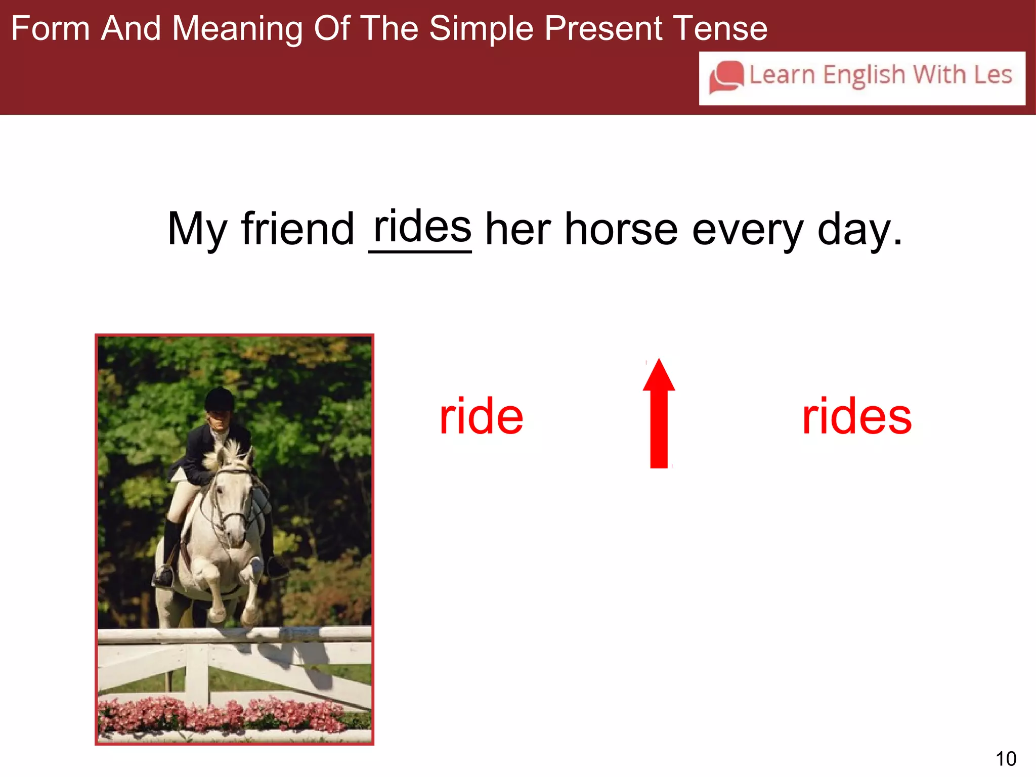 10 
Form And Meaning Of The Simple Present Tense 
rides 
My friend ____ her horse every day. 
ride rides 
3-1 Let’s Practice 
 
