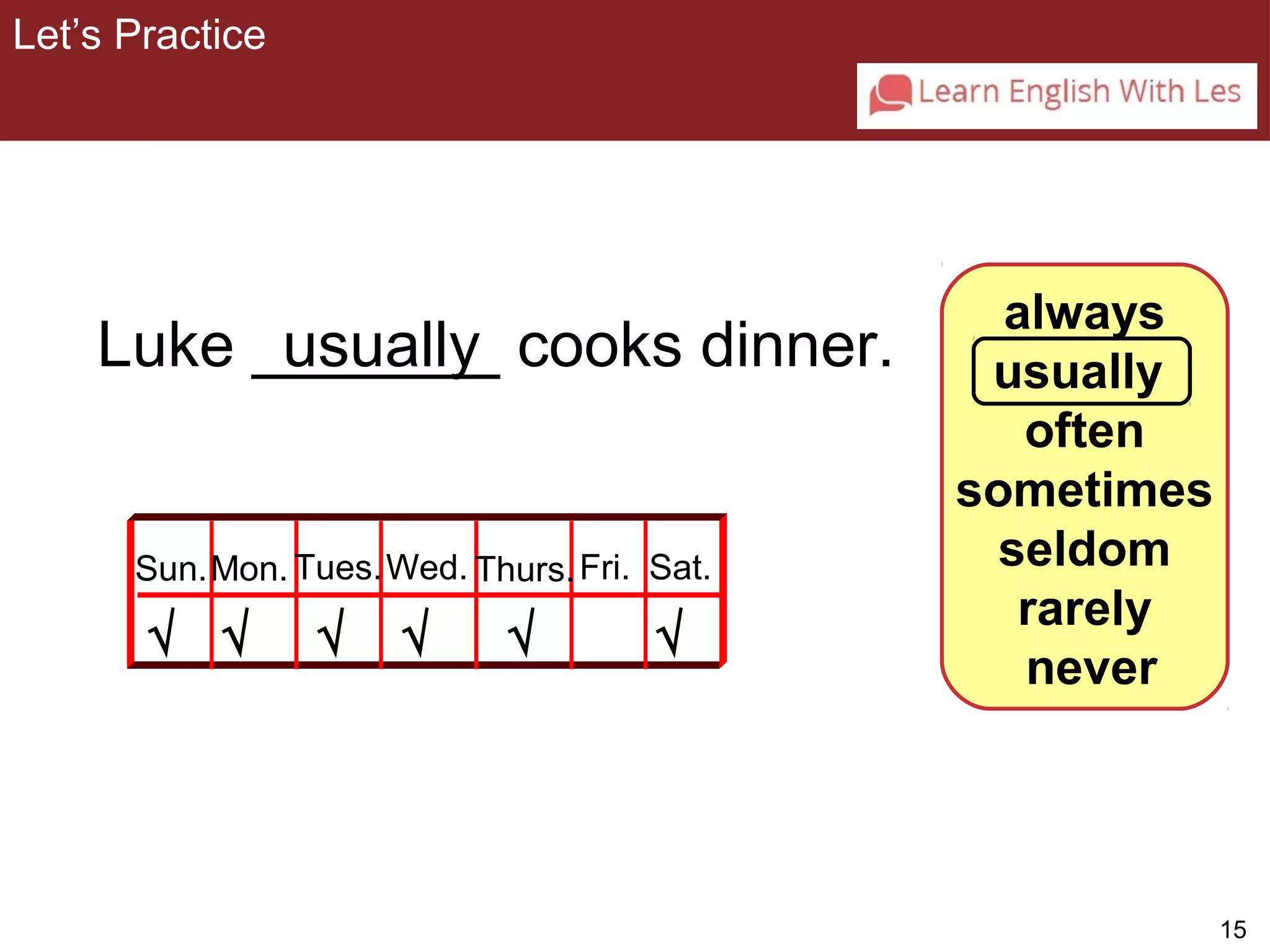 15 
always 
usually 
often 
sometimes 
seldom 
rarely 
never 
Let’s Practice 
3-2 Let’s Practice 
Luke _______ cooks dinner. 
Sun.Mon. Tues.Wed. Thurs. Fri. Sat. 
Ö 
usually 
Ö Ö Ö Ö Ö 
 