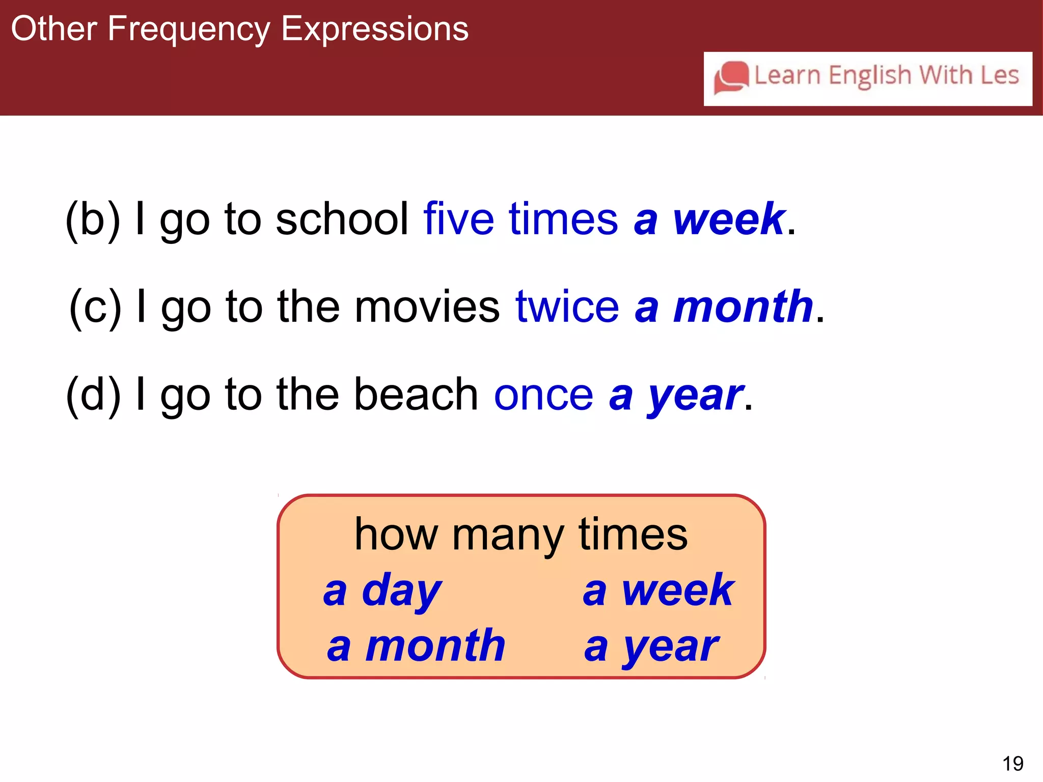 19 
Other Frequency Expressions 
3-2 OTHER FREQUENCY EXPRESSIONS 
(b) I go to school five times a week. 
(c) I go to the movies twice a month. 
(d) I go to the beach once a year. 
how many times 
a day a week 
a month a year 
 