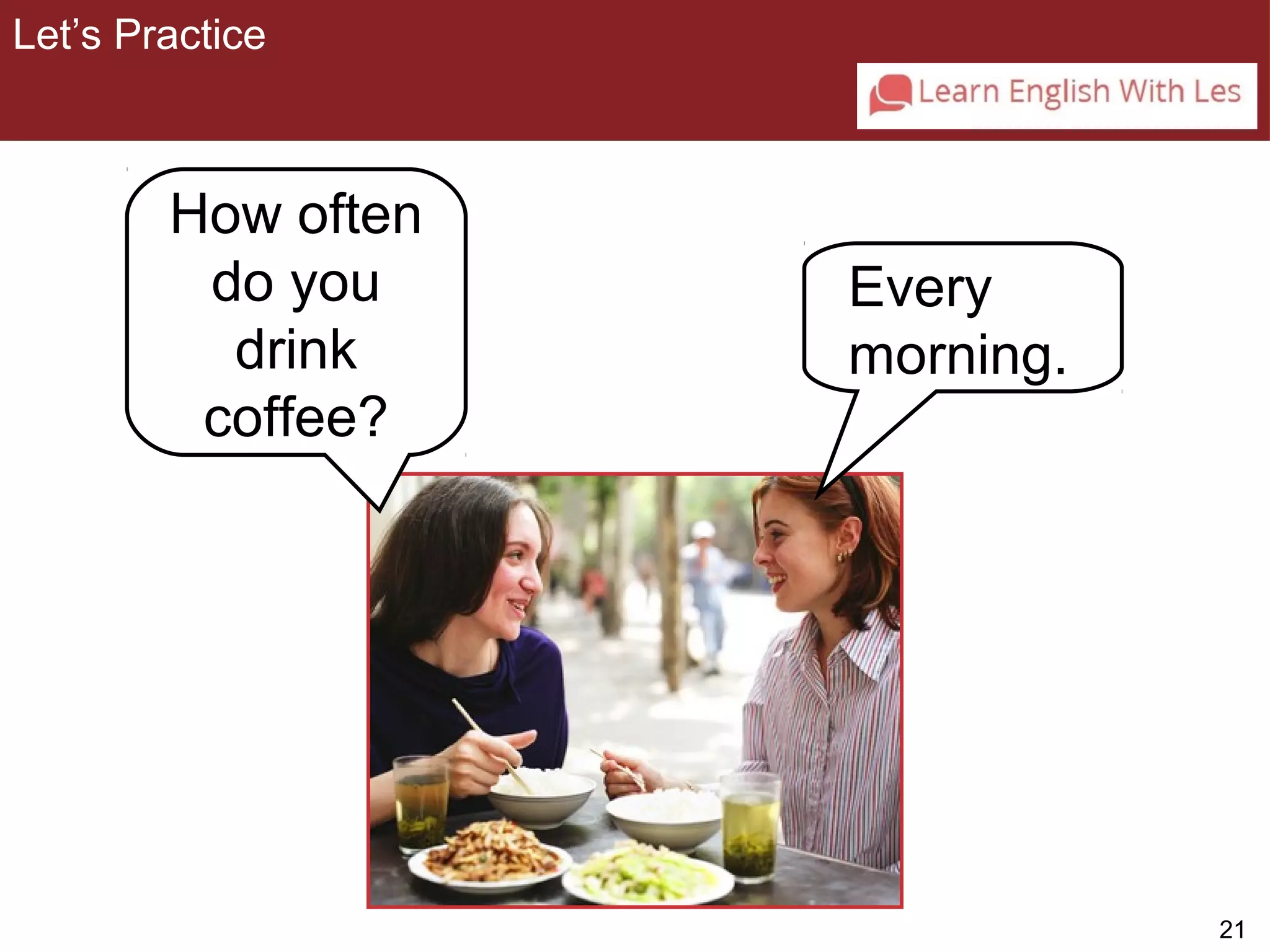 21 
3-2 Let’s Practice 
How often 
do you 
drink 
coffee? 
Every 
morning. 
Let’s Practice 
 