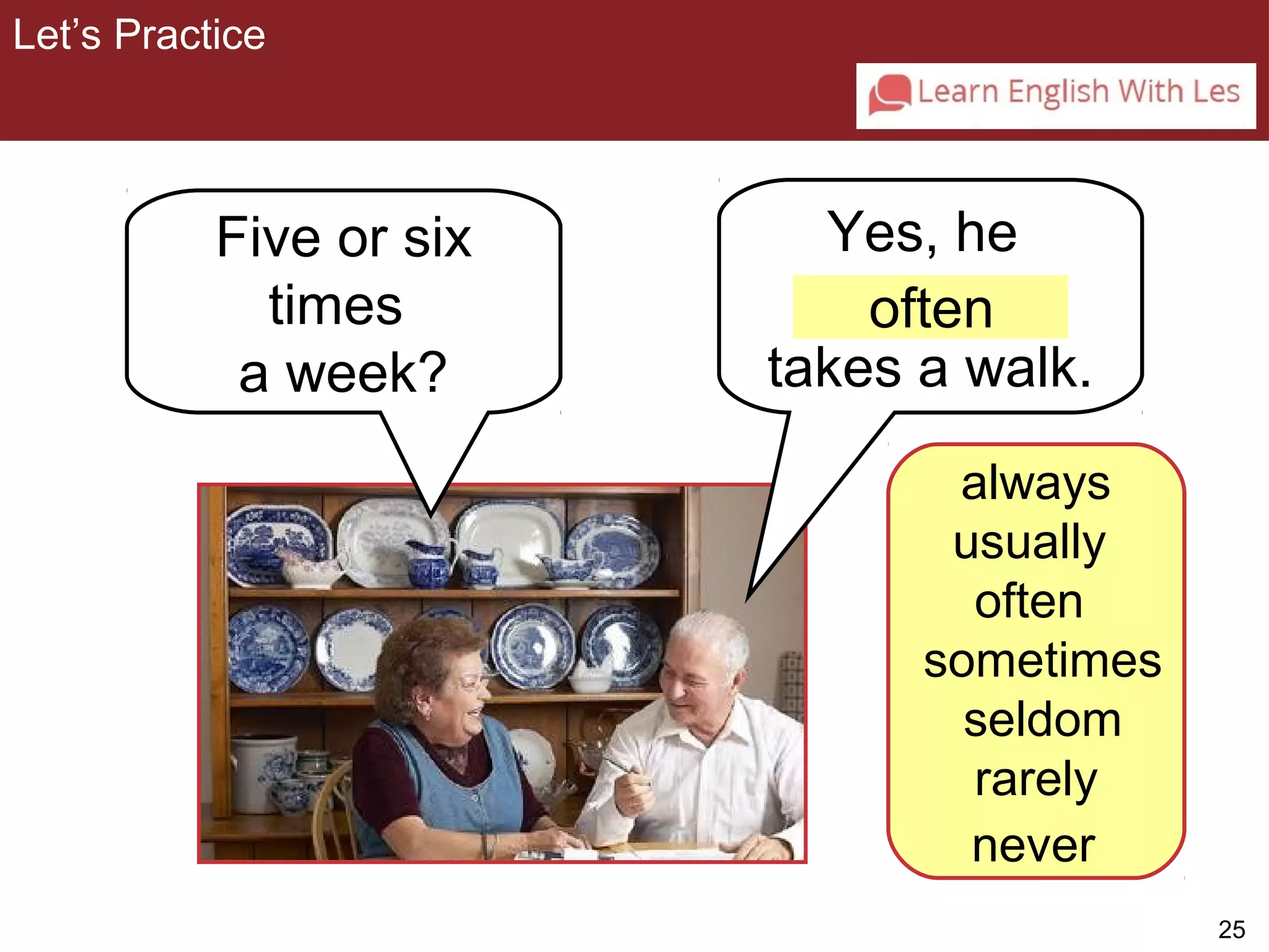 25 
Yes, he 
takes a walk. 
3-2 Let’s Practice 
Five or six 
times 
a week? 
often 
always 
usually 
often 
sometimes 
seldom 
rarely 
never 
Let’s Practice 
 