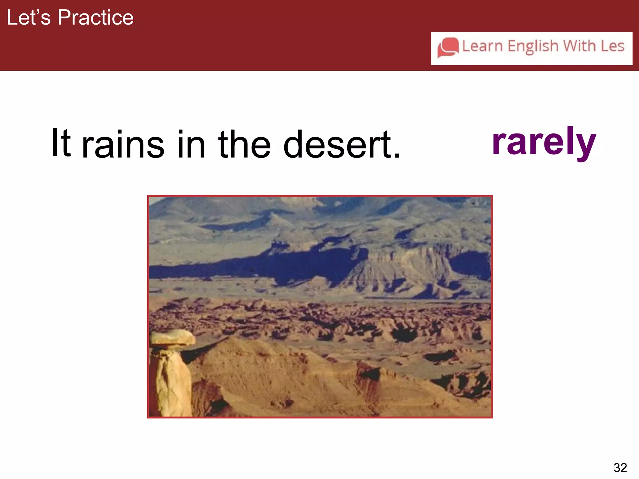 32 
Let’s Practice 
3-3 Let’s Practice 
It rains in the desert. rarely 
 