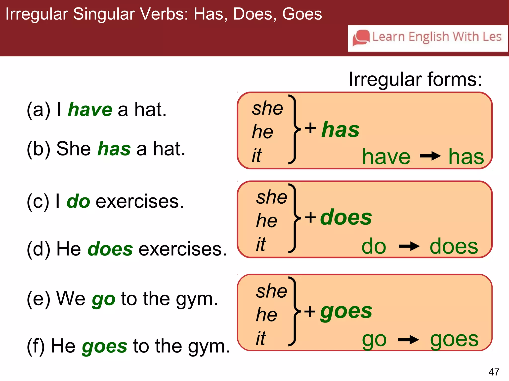 47 
Irregular Singular Verbs: Has, Does, Goes 
3-6 IRREGULAR SINGULAR VERBS: HAS, DOES, GOES 
has 
does 
(a) I have a hat. 
(b) She has a hat. 
(c) I do exercises. 
(d) He does exercises. 
Irregular forms: 
have has 
do does 
she 
he 
it 
she 
he 
it 
+ 
+ 
(e) We go to the gym. 
goes 
(f) He goes to the gym. go goes 
she 
he 
it 
+ 
 