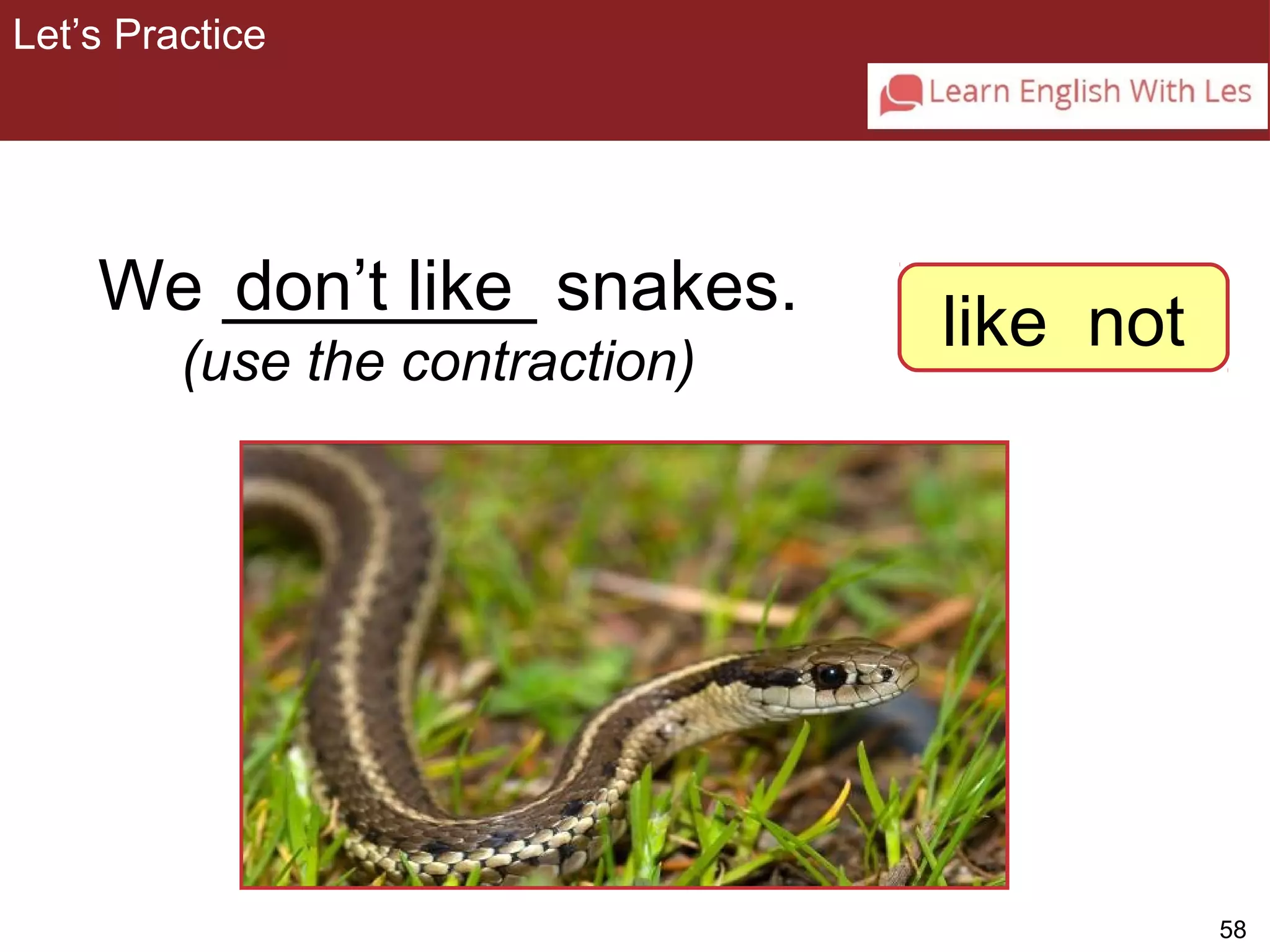 58 
3-8 Let’s Practice 
We _d_o_n_’t_ l_ik_e_ snakes. 
(use the contraction) 
like not 
Let’s Practice 
 