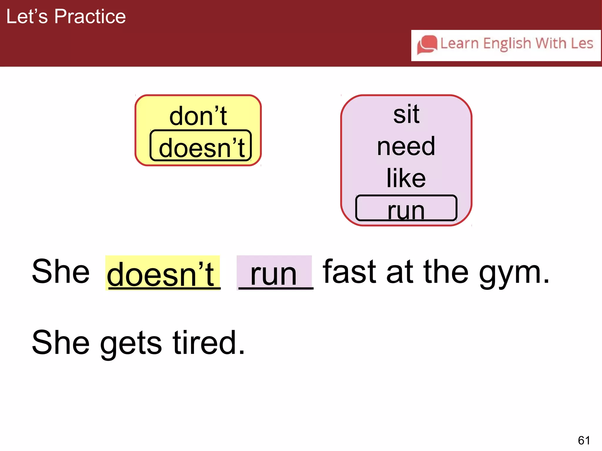 61 
Let’s Practice 
3-8 Let’s Practice 
don’t 
d o e s n ’t 
sit 
need 
like 
r u n 
She d_o_e_s_n_’_t _r_u_n_ fast at the gym. 
She gets tired. 
 