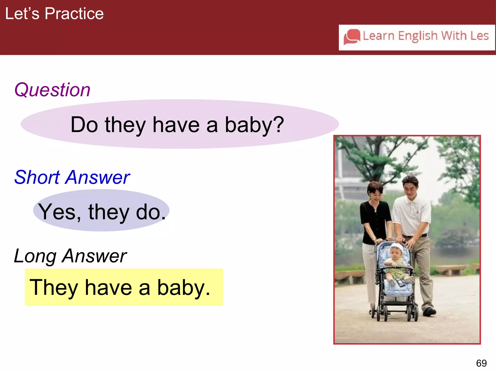 69 
Let’s Practice 
3-9 Let’s Practice 
Question 
Do they have a baby? 
Short Answer 
Yes, they do. 
Long Answer 
They have a baby. 
 