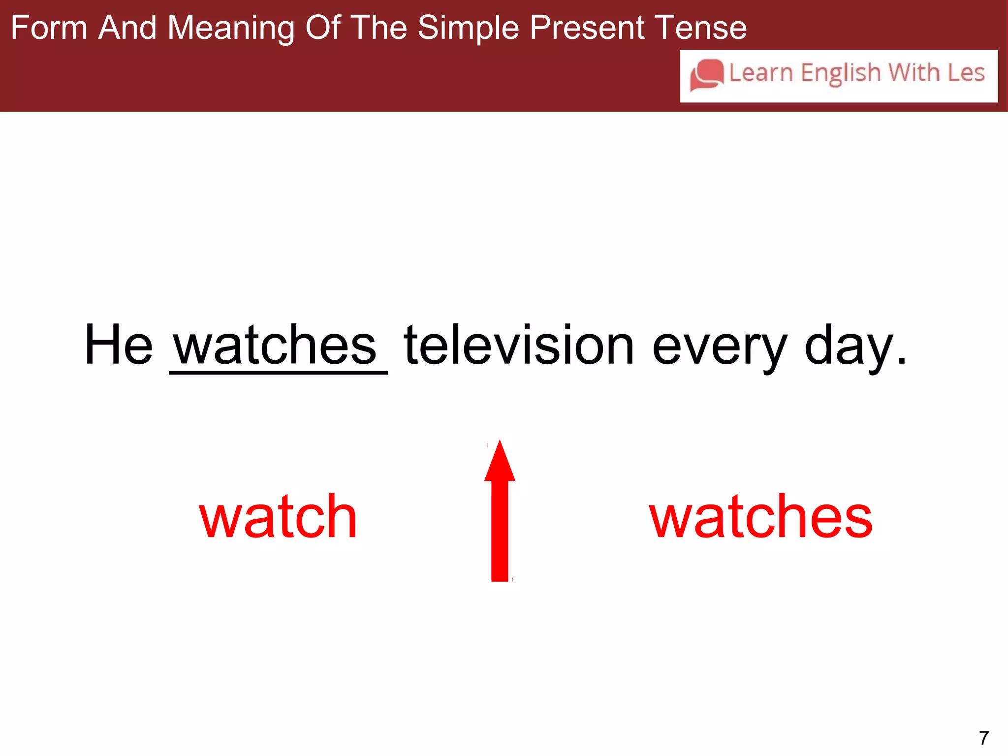 7 
Form And Meaning Of The Simple Present Tense 
3-1 Let’s Practice 
watches 
He _______ television every day. 
watch watches 
 