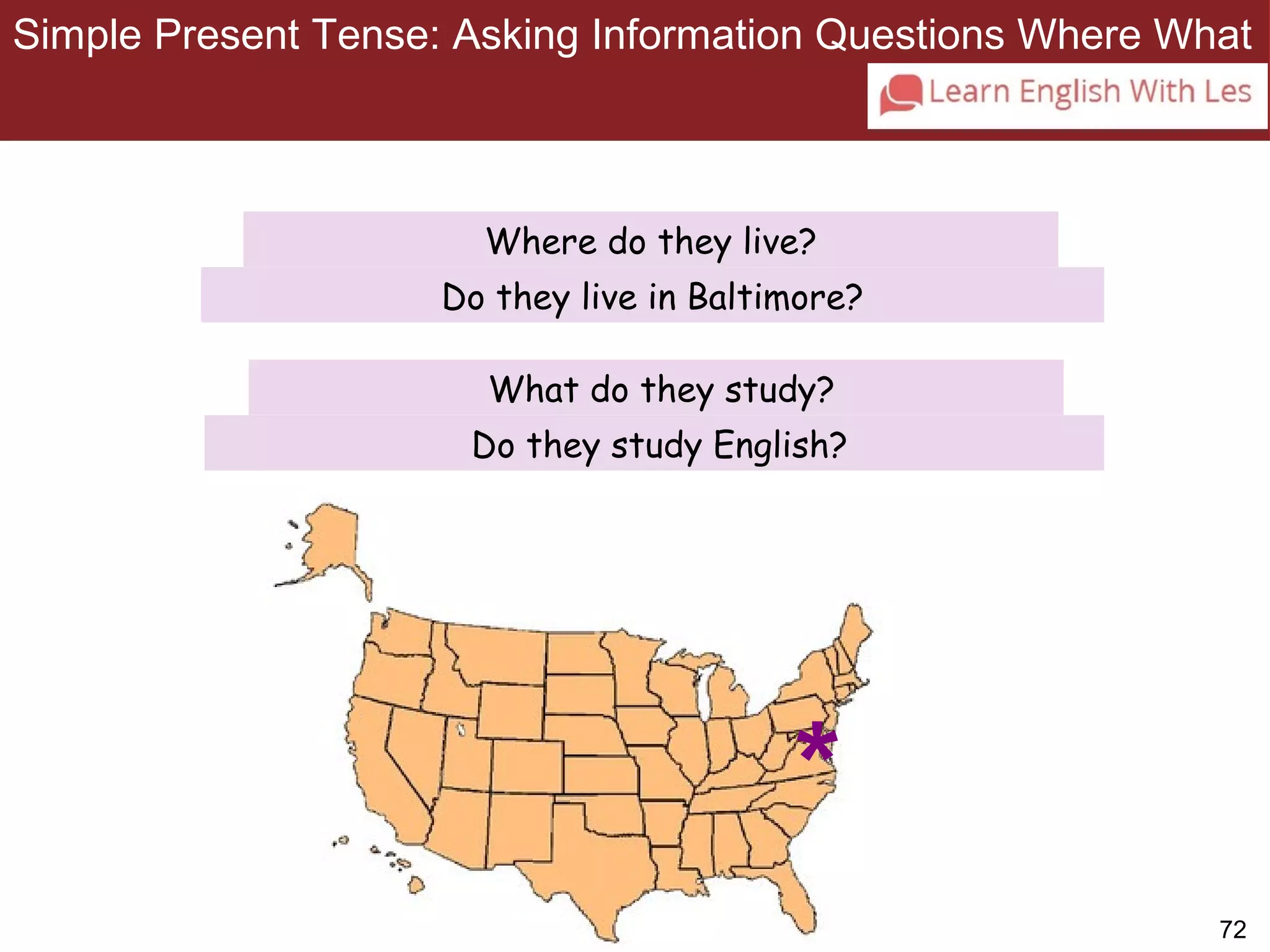 Simple Present Tense: Asking Information Questions Where What 
72 
3-10 SIMPLE PRESENT TENSE: ASKING INFORMATION 
QUESTIONS WITH WHERE AND WHAT 
Where do they live? 
Do they live in Baltimore? 
What do they study? 
Do they study English? 
* 
 