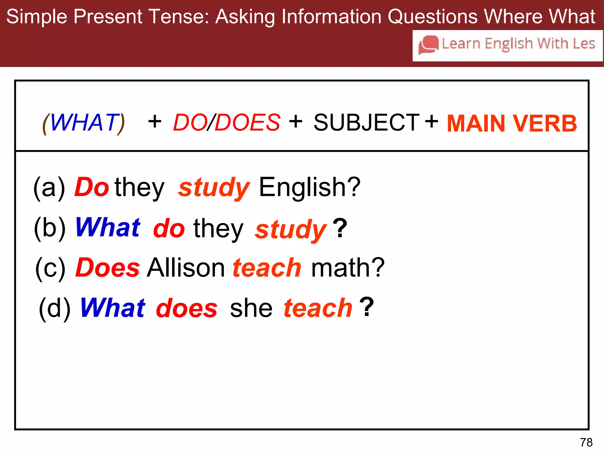Simple Present Tense: Asking Information Questions Where What 
78 
3-10 SIMPLE PRESENT TENSE: ASKING INFORMATION 
QUESTIONS WITH WHERE AND WHAT 
(a) Do 
English? 
(b) What 
do 
(c) math? 
(d) What 
does 
Does 
DO/DOES SUBJECT 
they 
they 
Allison 
she 
+ + MAIN VERB 
study 
study 
teach 
? 
teach 
? 
(WHAT) + 
 