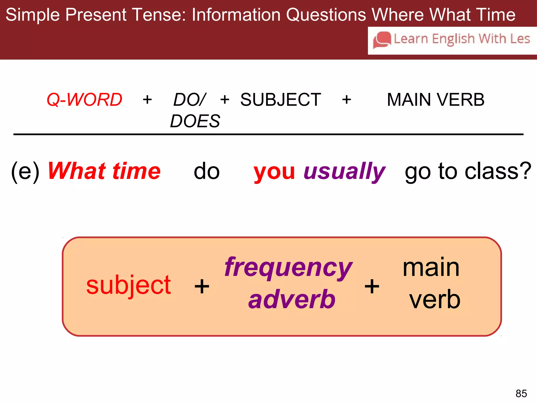 Simple Present Tense: Information Questions Where What Time 
3-11 SIMPLE PRESENT TENSE: ASKING INFORMATION 
QUESTIONS WITH WHEN AND WHAT TIME 
(e) What time do you usually go to class? 
85 
Q-WORD + DO/ + SUBJECT + MAIN VERB 
DOES 
+ frequency 
+ main 
subject adverb 
verb 
 