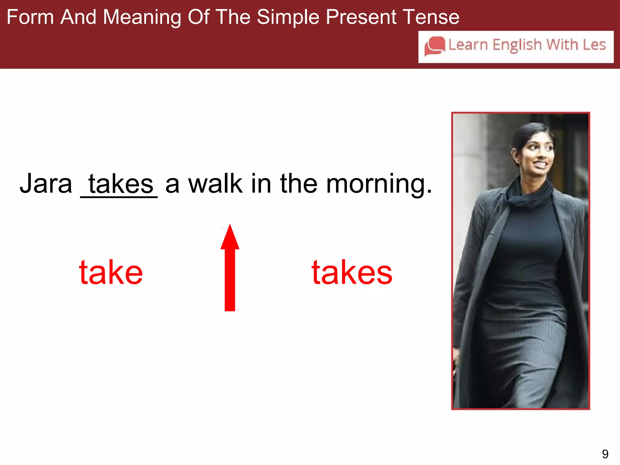 9 
Form And Meaning Of The Simple Present Tense 
3-1 Let’s Practice 
Jara _ta_k_e_s_ a walk in the morning. 
take takes 
 