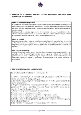 Página 3 de 9
4. ARTICULACIÓN DE LA ASIGNATURA (R.A.) EN CORRESPONDENCIA CON LOS NIVELES DE
CONCRECIÓN DEL CURRÍCULO
PLAN NACIONAL DEL BUEN VIVIR
El Sistema de Educación Superior (art. 350 de la Constitución) está llamado a consolidar las
capacidades y oportunidades de la población y a formar académica y profesionalmente a las
personas bajo una visión científica y humanista, que incluye los saberes y las culturas de
nuestro pueblo.
La asignatura debe propiciar la generación de mecanismos para una articulación coherente y
efectivaentre el SistemaNacional de Educación, el Sistema de Educación Superior, el Sistema
Nacional de Cultura y el Sistema de Ciencia, Tecnología e Innovación.
PERFIL DE EGRESO
La asignatura contribuye a que el estudiante tenga el dominio gramatical que le permita
realizar técnicamente investigaciones en el campo educativo haciendo uso de las destrezas
lingüísticasparamejorarsu propiotrabajoy aportar enla soluciónde problemaseducativosdel
entorno.
OBJETIVOS DE LA CARRERA
Gramar VIII aporta a que los futuros docentes dominen los componentes gramaticales a ser
aplicados en las destrezas lingüísticas del idioma inglés, que tributa a la formación de
profesionales en el área del Idioma Inglés, comprometidos con el desarrollo integral de la
comunidad, aptos para ejercer la profesión y la investigación, en el campo humanista y
tecnológico.
5. OBJETIVOS GENERALES DE LA ASIGNATURA
Los estudiantes de Octavo Semestre serán capaces de:
1. Hablar y escribir en inglés de forma adecuada y fluida con la finalidad de mejorar la
calidad comunicativa de la segunda lengua.
2. Conectar las estructuras gramaticales aprendidas con diferentes ejercicios además de
usarlos correctamente.
3. Proporcionar oportunidad para el pensamiento crítico permitiendo a los estudiantes
personalizar lo que han aprendido para poder hablar con facilidad acerca de los
aspectos de la profesión y del diario vivir
4. Demostrar comprensión básica de lectura de un texto
5. Hablar acerca de eventos que son posibles
6. Hablar acerca de situaciones no probables en el presente o futuro
7. Hablar acerca de acciones, resultados, etc. que siempre siguen a otros
8. Escribir acerca de deseos personales y profesionales utilizando el Primer, Segundo,
Tercer y Zero condicionales
9. Describir situaciones que utilicen cláusulas de condición y tiempo
 