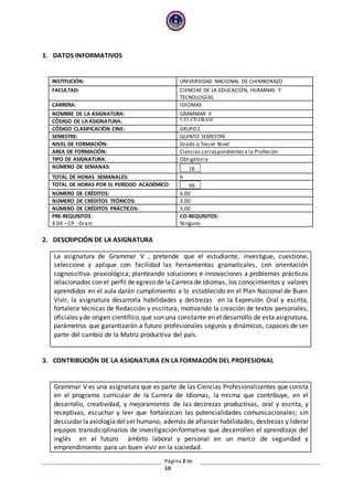 Página 2 de
10
1. DATOS INFORMATIVOS
INSTITUCIÓN: UNIVERSIDAD NACIONAL DE CHIMBORAZO
FACULTAD: CIENCIAS DE LA EDUCACIÓN, HUMANAS Y
TECNOLOGÍAS
CARRERA: IDIOMAS
NOMBRE DE LA ASIGNATURA: GRAMMAR V
CÓDIGO DE LA ASIGNATURA: 5.03-CP-GRAM
CÓDIGO CLASIFICACIÒN CINE: GRUPO1
SEMESTRE: QUINTO SEMESTRE
NIVEL DE FORMACIÓN: Grado o Tercer Nivel
AREA DE FORMACIÓN: Ciencias correspondientes a la Profesión
TIPO DE ASIGNATURA: Obligatoria
NÚMERO DE SEMANAS: 16
TOTAL DE HORAS SEMANALES: 6
TOTAL DE HORAS POR EL PERÍODO ACADÉMICO: 96
NÚMERO DE CRÉDITOS: 6.00
NÚMERO DE CRÉDITOS TEÓRICOS: 3.00
NÚMERO DE CRÉDITOS PRÁCTICOS: 3.00
PRE-REQUISITOS:
4.04 – CP - Gram
CO-REQUISITOS:
Ninguno
2. DESCRIPCIÓN DE LA ASIGNATURA
La asignatura de Grammar V , pretende que el estudiante, investigue, cuestione,
seleccione y aplique con facilidad las herramientas gramaticales, con orientación
cognoscitiva- praxiológica; planteando soluciones e innovaciones a problemas prácticos
relacionados con el perfil de egreso de laCarrera de Idiomas, los conocimientos y valores
aprendidos en el aula darán cumplimiento a lo establecido en el Plan Nacional de Buen
Vivir, la asignatura desarrolla habilidades y destrezas en la Expresión Oral y escrita,
fortalece técnicas de Redacción y escritura, motivando la creación de textos personales,
oficiales yde origen científico,que son una constante en el desarrollo de esta asignatura,
parámetros que garantizarán a futuro profesionales seguros y dinámicos, capaces de ser
parte del cambio de la Matriz productiva del país.
3. CONTRIBUCIÓN DE LA ASIGNATURA EN LA FORMACIÓN DEL PROFESIONAL
Grammar V es una asignatura que es parte de las Ciencias Profesionalizantes que consta
en el programa curricular de la Carrera de Idiomas, la misma que contribuye, en el
desarrollo, creatividad, y mejoramiento de las destrezas productivas, oral y escrita, y
receptivas, escuchar y leer que fortalezcan las potencialidades comunicacionales; sin
descuidar laaxiologíadelser humano, además de afianzar habilidades, destrezas y liderar
equipos transdiciplinarios de investigación formativa que desarrollen el aprendizaje del
inglés en el futuro ámbito laboral y personal en un marco de seguridad y
emprendimiento para un buen vivir en la sociedad.
 