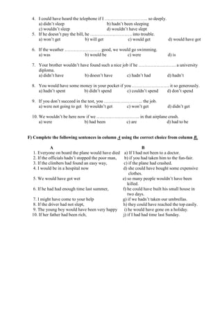 4. I could have heard the telephone if I ……………………….. so deeply.
     a) didn’t sleep                         b) hadn’t been sleeping
     c) wouldn’t sleep                       d) wouldn’t have slept
  5. If he doesn’t pay the bill, he ………………………. into trouble.
     a) won’t get                b) will get             c) would get d) would have got

  6. If the weather …………………… good, we would go swimming.
     a) was              b) would be      c) were                            d) is

  7. Your brother wouldn’t have found such a nice job if he ……………………. a university
     diploma.
     a) didn’t have          b) doesn’t have        c) hadn’t had d) hadn’t

  8. You would have some money in your pocket if you ……………………. it so generously.
     a) hadn’t spent      b) didn’t spend         c) couldn’t spend d) don’t spend

  9. If you don’t succeed in the test, you …………………….. the job.
     a) were not going to get b) wouldn’t get   c) won’t get                 d) didn’t get

  10. We wouldn’t be here now if we ……………………….. in that airplane crash.
      a) were                b) had been   c) are               d) had to be


F) Complete the following sentences in column A using the correct choice from column B.

              A                                                 B
   1. Everyone on board the plane would have died a) If I had not been to a doctor.
   2. If the officials hadn’t stopped the poor man,  b) if you had taken him to the fun-fair.
   3. If the climbers had found an easy way,         c) if the plane had crashed.
   4. I would be in a hospital now                  d) she could have bought some expensive
                                                        clothes.
   5. We would have got wet                         e) so many people wouldn’t have been
                                                       killed.
   6. If he had had enough time last summer,        f) he could have built his small house in
                                                       two days.
   7. I might have come to your help                g) if we hadn’t taken our umbrellas.
   8. If the driver had not slept,                  h) they could have reached the top easily.
   9. The young boy would have been very happy i) he would have gone on a holiday.
  10. If her father had been rich,                  j) if I had had time last Sunday.
 