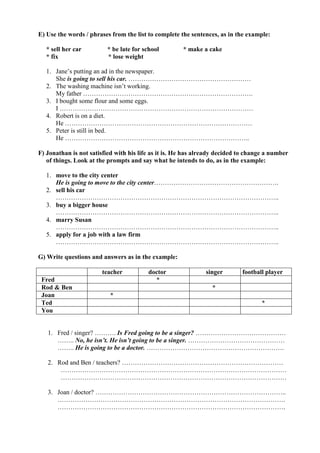 E) Use the words / phrases from the list to complete the sentences, as in the example:

   * sell her car         * be late for school        * make a cake
   * fix                  * lose weight

   1. Jane’s putting an ad in the newspaper.
      She is going to sell his car. …………………………………………………
   2. The washing machine isn’t working.
      My father …………………………………………………………………….
   3. I bought some flour and some eggs.
      I ………………………………………………………………………………
   4. Robert is on a diet.
      He ……………………………………………………………………………
   5. Peter is still in bed.
      He …………………………………………………………………………..

F) Jonathan is not satisfied with his life as it is. He has already decided to change a number
   of things. Look at the prompts and say what he intends to do, as in the example:

   1. move to the city center
      He is going to move to the city center………………………………………………….
   2. sell his car
      …………………………………………………………………………………………..
   3. buy a bigger house
      …………………………………………………………………………………………..
   4. marry Susan
      …………………………………………………………………………………………..
   5. apply for a job with a law firm
      …………………………………………………………………………………………..

G) Write questions and answers as in the example:

                        teacher          doctor                singer       football player
 Fred                                      *
 Rod & Ben                                                       *
 Joan                      *
 Ted                                                                                *
 You


   1. Fred / singer? ………. Is Fred going to be a singer? ……………………………………
      …….. No, he isn’t. He isn’t going to be a singer. ………………………………………
      …….. He is going to be a doctor. ……………………………………………………….

   2. Rod and Ben / teachers? …………………………………………………………………
       ……………………………………………………………………………………………
       ……………………………………………………………………………………………

   3. Joan / doctor? ……………………………………………………………………………..
      …………………………………………………………………………………………….
      …………………………………………………………………………………………….
 