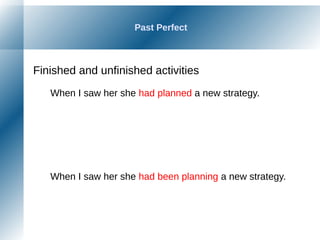 Past Perfect
Finished and unfinished activities
When I saw her she had planned a new strategy.
When I saw her she had been planning a new strategy.
 