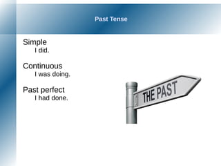 Past Tense
Simple
I did.
Continuous
I was doing.
Past perfect
I had done.
 