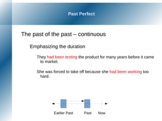 Past Perfect
The past of the past – continuous
Emphasizing the duration
They had been testing the product for many years before it came
to market.
She was forced to take off because she had been working too
hard.
NowPastEarlier Past
 