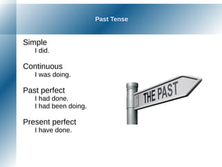 Past Tense
Simple
I did.
Continuous
I was doing.
Past perfect
I had done.
I had been doing.
Present perfect
I have done.
 