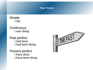 Past Tense
Simple
I did.
Continuous
I was doing.
Past perfect
I had done.
I had been doing.
Present perfect
I have done.
I have been doing.
 
