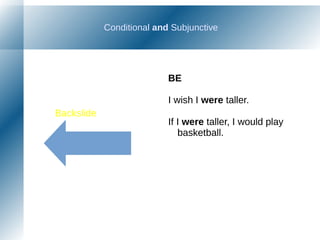 Conditional and Subjunctive
BE
I wish I were taller.
If I were taller, I would play
basketball.
Backslide
 