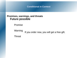Conditional in Context
Promises, warnings, and threats
Future possible
Promise
Warning
Threat
If you order now, you will get a free gift.
 