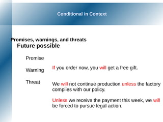 Conditional in Context
Promises, warnings, and threats
Future possible
Promise
Warning
Threat
If you order now, you will get a free gift.
We will not continue production unless the factory
complies with our policy.
Unless we receive the payment this week, we will
be forced to pursue legal action.
 