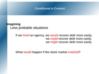 Conditional in Context
Imagining
Less probable situations
If we hired an agency, we would recover debt more easily.
we could recover debt more easily.
we might recover debt more easily.
What would happen if the stock market crashed?
 