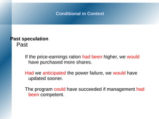 Conditional in Context
Past speculation
Past
If the price-earnings ration had been higher, we would
have purchased more shares.
Had we anticipated the power failure, we would have
updated sooner.
The program could have succeeded if management had
been competent.
 
