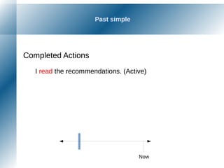 Past simple
Completed Actions
I read the recommendations. (Active)
Now
 