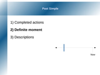 Past Simple
1) Completed actions
2) Definite moment
3) Descriptions
Now
 