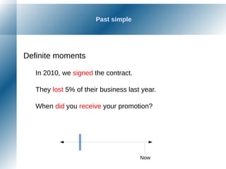 Past simple
Definite moments
In 2010, we signed the contract.
They lost 5% of their business last year.
When did you receive your promotion?
Now
 