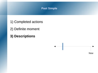 Past Simple
1) Completed actions
2) Definite moment
3) Descriptions
Now
 