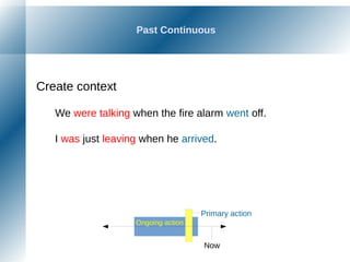 Past Continuous
Create context
We were talking when the fire alarm went off.
I was just leaving when he arrived.
Now
Ongoing action
Primary action
 