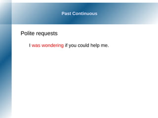 Past Continuous
Polite requests
I was wondering if you could help me.
 