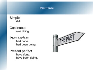 Past Tense
Simple
I did.
Continuous
I was doing.
Past perfect
I had done.
I had been doing.
Present perfect
I have done.
I have been doing.
 