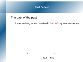 Past Perfect
The past of the past
I was walking when I realized I had left my windows open.
NowPast
 
