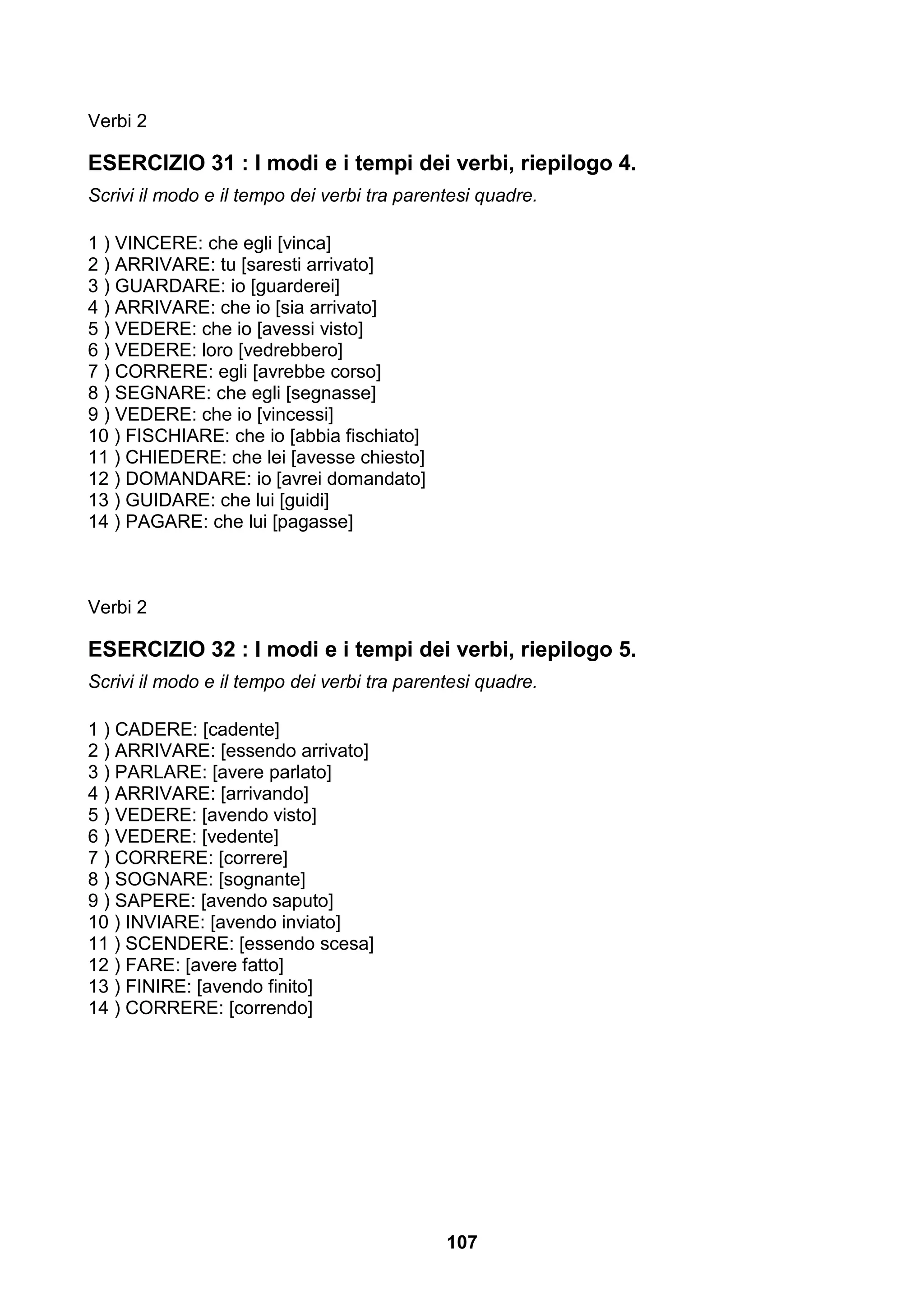 Verbi 2

ESERCIZIO 31 : I modi e i tempi dei verbi, riepilogo 4.
Scrivi il modo e il tempo dei verbi tra parentesi quadre.

1 ) VINCERE: che egli [vinca]
2 ) ARRIVARE: tu [saresti arrivato]
3 ) GUARDARE: io [guarderei]
4 ) ARRIVARE: che io [sia arrivato]
5 ) VEDERE: che io [avessi visto]
6 ) VEDERE: loro [vedrebbero]
7 ) CORRERE: egli [avrebbe corso]
8 ) SEGNARE: che egli [segnasse]
9 ) VEDERE: che io [vincessi]
10 ) FISCHIARE: che io [abbia fischiato]
11 ) CHIEDERE: che lei [avesse chiesto]
12 ) DOMANDARE: io [avrei domandato]
13 ) GUIDARE: che lui [guidi]
14 ) PAGARE: che lui [pagasse]



Verbi 2

ESERCIZIO 32 : I modi e i tempi dei verbi, riepilogo 5.
Scrivi il modo e il tempo dei verbi tra parentesi quadre.

1 ) CADERE: [cadente]
2 ) ARRIVARE: [essendo arrivato]
3 ) PARLARE: [avere parlato]
4 ) ARRIVARE: [arrivando]
5 ) VEDERE: [avendo visto]
6 ) VEDERE: [vedente]
7 ) CORRERE: [correre]
8 ) SOGNARE: [sognante]
9 ) SAPERE: [avendo saputo]
10 ) INVIARE: [avendo inviato]
11 ) SCENDERE: [essendo scesa]
12 ) FARE: [avere fatto]
13 ) FINIRE: [avendo finito]
14 ) CORRERE: [correndo]




                                             107
 